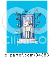 Poster, Art Print Of Sweet Man Knocking On A Blue Door And Holding Flowers Behind His Back