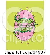 Poster, Art Print Of Pair Of Heart Patterned Green Chameleon Lizards On A Stick Surrounded By Hearts