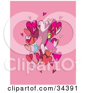 Poster, Art Print Of Loving Couple Admiring Each Other In A Cluster Of Pink And Red Hearts