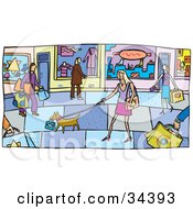 Street Scene Of Dogs And Shopping People On A Sidewalk Outside Of Store Fronts