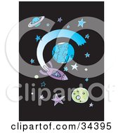 Poster, Art Print Of Person In A Purple Rocket Shooting Around Planets In Starry Outer Space