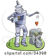 Heartless Tin Man Dropping His Heart Into A Trash Can