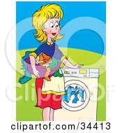Pleased Blond Caucasian Woman A Mother Or Wife Watching Laundry Spin In A Front Loading Washing Machine