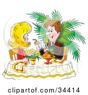 Poster, Art Print Of Happy Caucasian Couple Sipping Cocktails Or Lemonade At A Table In A Restaurant