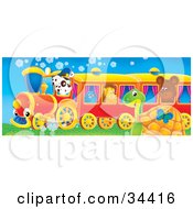 Poster, Art Print Of Cute Spotted Puppy Driving A Train With A Bluebird Hedgehog And Bear Riding A Butterfly And Sea Turtle Watching It Pass