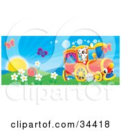 Poster, Art Print Of Two Butterflies Over A Ball In A Flowery Field With A Bird And Dog On A Train On A Sunny Spring Day