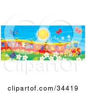 Blue Bird And Butterflies Flying Over Flowers Near A Cat Pig Goat Rhino Squirrel Lion Chick And Fox On A Train On A Sunny Day