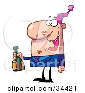 Clipart Illustration Of A Drunk Caucasian Man Carrying A Bottle Of Champagne With Red Lipstick Kisses Covering His Face