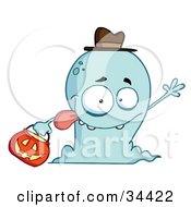 Clipart Illustration Of A Goofy And Friendly Blue Ghost Wearing A Hat And Waving While Trick Or Treating On Halloween