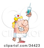 Clipart Illustration Of A Friendly Female Caucasian Nurse Holding Up A Syringe by Hit Toon