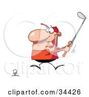 Clipart Illustration Of An Energetic Caucasian Man Running In To Swing While Golfing