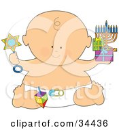 Hanukkah Baby In A Diaper Holding A Star Rattle Gifts And A Menorah