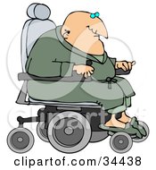 Geriatric Senior Man In A Green Robe And Slippers Operating A Power Chair