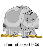Poster, Art Print Of Elephant Bank With A Slot On The Back And Gold Coins On The Ground