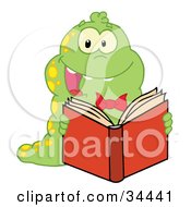 Poster, Art Print Of Happy Yellow Spotted Green Caterpillar Reading A Good Book