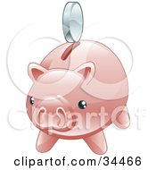 Clipart Illustration Of A Silver Coin Hovering Above The Slot Of A Shiny Pink Piggy Bank by AtStockIllustration