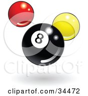 Poster, Art Print Of Shiny Billiards Eight Ball With Red And Yellow Balls