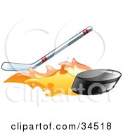 Clipart Illustration Of A Flaming Black Hockey Puck Flying Away From A Hockey Stick