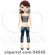 Poster, Art Print Of Pretty Teenaged Girl Wearing A Headband Tank Top Jeans And Heels