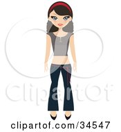 Poster, Art Print Of Pretty Teenaged Girl Wearing A Headband Brown Shirt Heels And Jeans