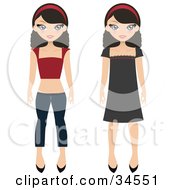 Two Teenage Girls One Wearing A Red Shirt With Jeans The Other Wearing A Dress
