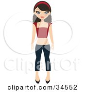 Poster, Art Print Of Pretty Teenaged Girl Wearing A Headband Red Shirt Jeans And Heels