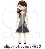 Poster, Art Print Of Pretty Teenaged Girl Wearing A Headband And Brown Polka Dot Dress