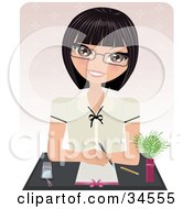 Clipart Illustration Of A Professional Caucasian Woman Sitting Behind A Desk Ready To Take Notes by Melisende Vector #COLLC34555-0068