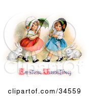 Poster, Art Print Of Two Sisters Walking Their Pet Rabbits On Leashes And Carrying Parasols On Easter