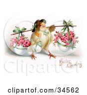 Cute Chick Wearing A Bonnet Carrying An Easter Egg And Baskets Of Pink Roses In Planters On A Pole