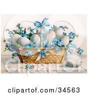 White Chicken Eggs And Blue Forget Me Not Flowers In An Easter Basket