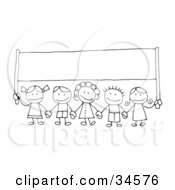 Clipart Illustration Of A Group Of Happy Stick Children Holding Hands And Carrying A Blank Banner by C Charley-Franzwa #COLLC34576-0078