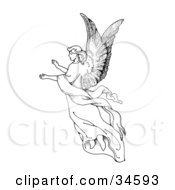 Poster, Art Print Of Graceful Female Angel With Large Wings Floating Through The Air With Her Arms Out
