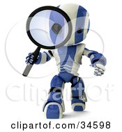 3d Blue And White Ao-Maru Robot Researching And Peering Through A Magnifying Glass
