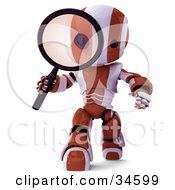 3d Orange And White Ao-Maru Robot Researching And Peering Through A Magnifying Glass