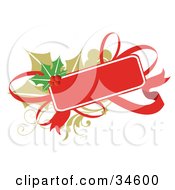 Poster, Art Print Of Blank Gift Tag With A Red Ribbon Over Holly