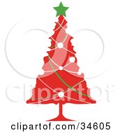 Clipart Illustration Of A Green Star Atop A Red Christmas Tree With White And Green Garlands by OnFocusMedia