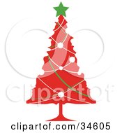 Poster, Art Print Of Green Star Atop A Red Christmas Tree With White And Green Garlands