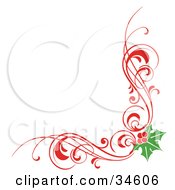 Poster, Art Print Of Christmas Corner Element Of Red Scrolls And Holly