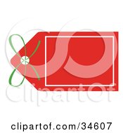 Poster, Art Print Of Green Bow On A Blank Red Christmas Tag