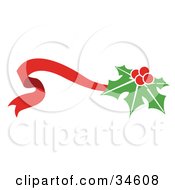 Poster, Art Print Of Holly On A Waving Red Ribbon