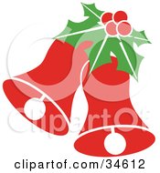 Clipart Illustration Of A Piece Of Holly Atop Two Red Christmas Jingle Bells