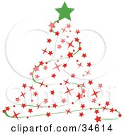 Poster, Art Print Of Green Star Atop A Red Starry Christmas Tree With A Green Garland