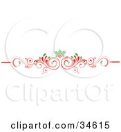 Poster, Art Print Of Scrolled Red Christmas Flourish With Holly Leaves And Berries