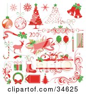 Poster, Art Print Of Set Of Green And Red New Year And Christmas Icons