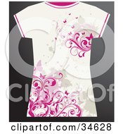 White Grunge Styled Females T Shirt With Pink Butterflies And Vines And Beige Splatters