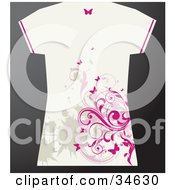 White Grunge Styled Females T Shirt With Tan Splatters And Pink Butterflies And Vines