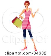 Poster, Art Print Of Stylish Caucasian Red Haired Woman In A Pink Striped Dress Carrying Shopping Bags