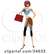 Poster, Art Print Of Stylish Caucasian Lady With Curly Hair Carrying A Purse While Shopping