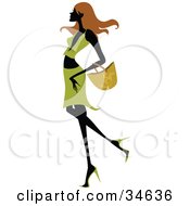 Clipart Illustration Of A Sexy Silhouetted Woman With Long Brown Hair Dressed In Green Walking Past With A Purse On Her Arm
